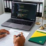 Developer reviewing GPL licensing documents next to a laptop with blurred code and a small brass justice scale, with a green-and-yellow folder indicating Brazilian context in a softly lit modern office.