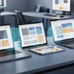 Laptops and a tablet with varied text-free website layouts linked by a translucent fingerprint graphic, photographed from a 45-degree angle above with a blurred office background.