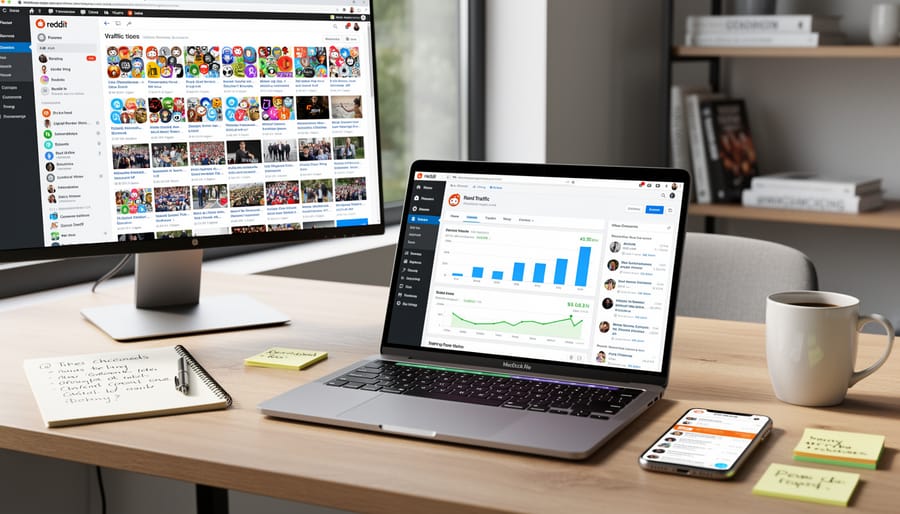 Laptop screen showing Reddit interface with upvote arrows visible