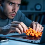 Worried blogger at a desk with a laptop as orange upvote-arrow tokens spill from a smartphone, dramatic side lighting and a blurred home office background suggesting a detached online community.