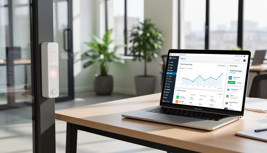 Modern visitor counting sensor mounted on retail store wall