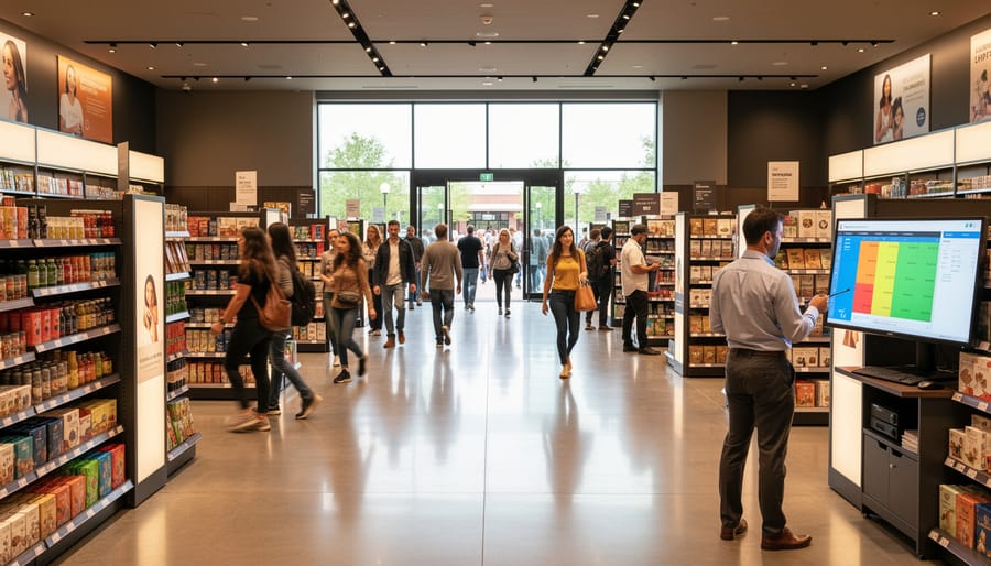 Customers entering modern retail store through glass entrance doorway