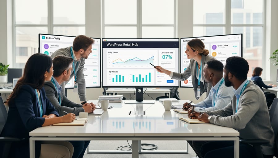 Retail manager analyzing business data on laptop and mobile devices