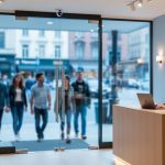 Ceiling-mounted people-counting sensor above a boutique store’s glass entrance, customers walking in, and a staff member beside a laptop on the counter, with soft daylight and blurred merchandise shelves in the background.