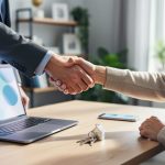 Property acquisition professional shaking hands with a homeowner at a modern desk; house keys on the table, open laptop and smartphone with blurred interfaces, soft natural light, home office background.