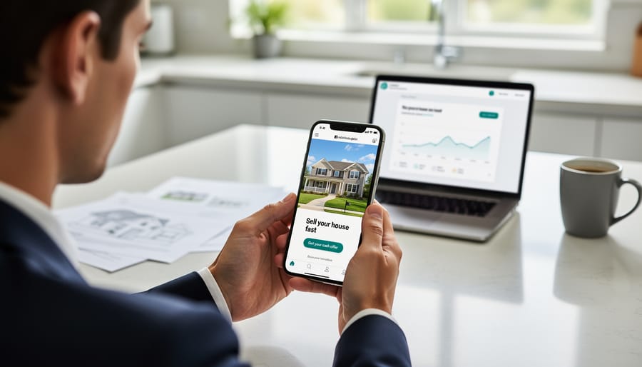 Smartphone displaying property buying website with house keys on wooden table