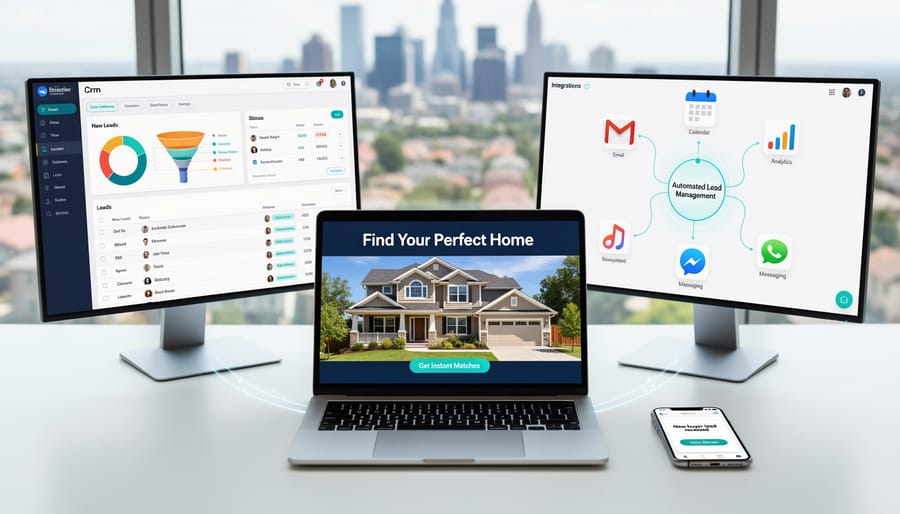 Professional workspace showing property buying website with business integration tools