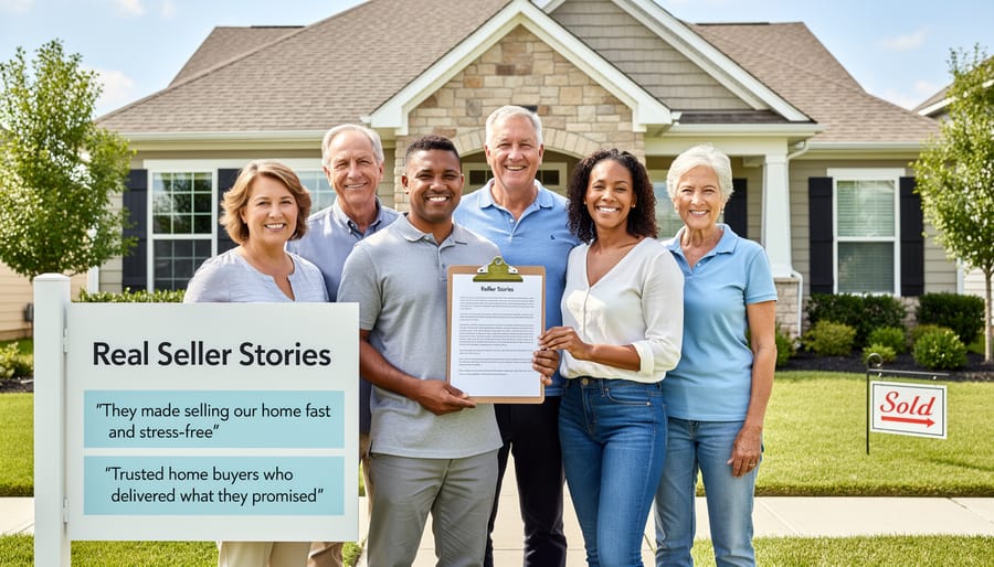 Happy family standing in front of sold home after successful property transaction