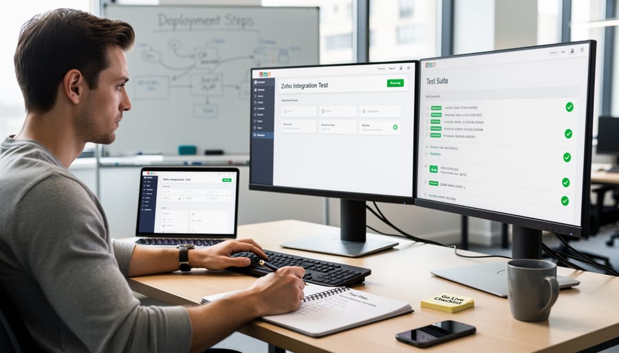 Person configuring a WordPress integration on a desktop computer with a staging-style monitor in view.