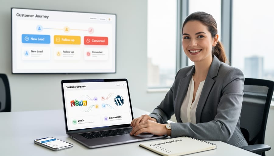 Reception desk setup with customer materials and a phone showing non-text interface icons.