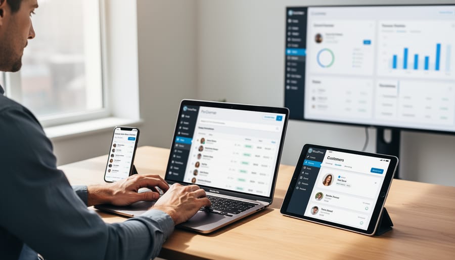 Small business owner using a smartphone and laptop in an office while managing customer work.