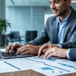 “Two business partners review marketing documents and a laptop at a modern office table.”