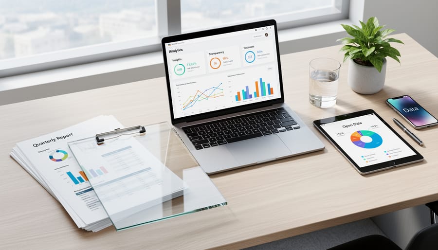 Laptop, smartphone, and notebook on a desk represent transparent reporting and accessible data.