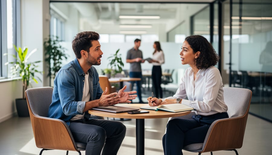 Two business partners review marketing documents together at a table with a laptop nearby.