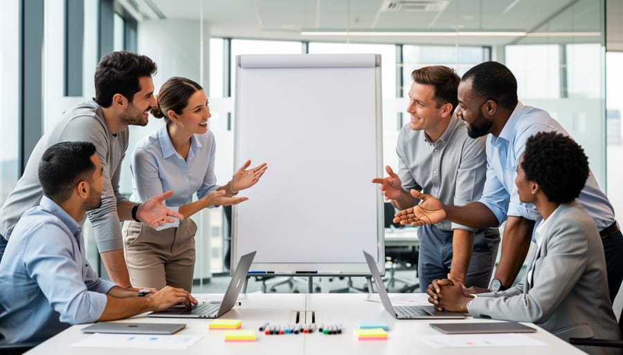 Team members collaborating in a bright coworking space while holding a blank board for planning.