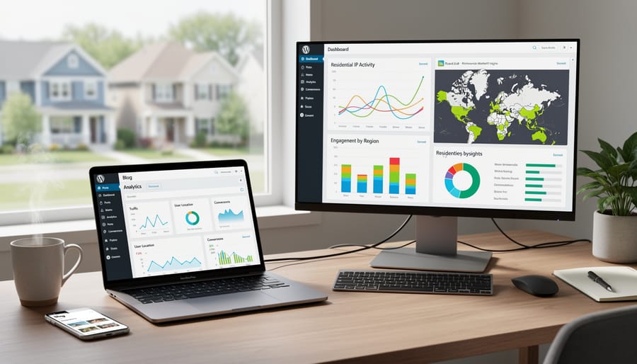 Laptop and smartphone on a home office desk with a router in the background, symbolizing residential online connectivity.