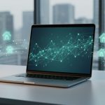 A laptop on a desk with a glowing abstract network concept implying residential proxy routing for WordPress digital marketing.