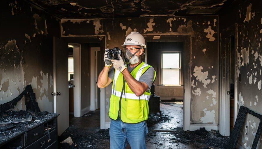 Homeowner wearing protective gear photographing and documenting fire damage inside a house.