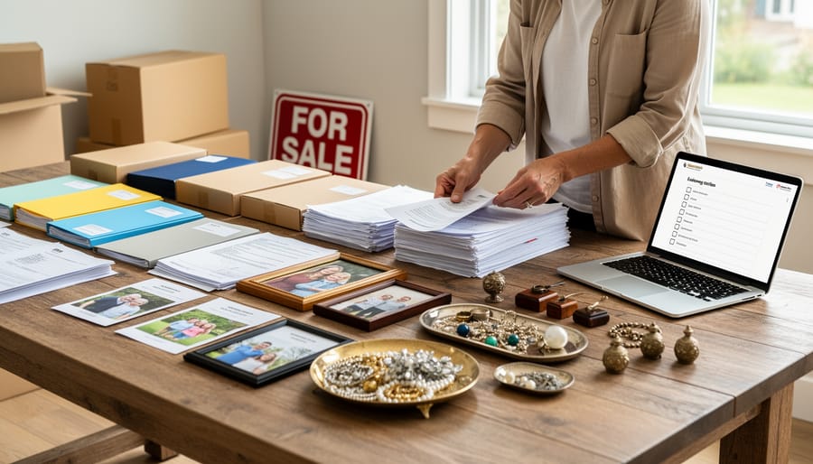 Salvaged documents and valuables organized on a tarp with storage bins in a fire-damaged room.