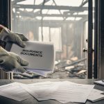 Close-up of fire-damaged home interior where protected hands organize insurance documents and a property deed on a table before cleanup.