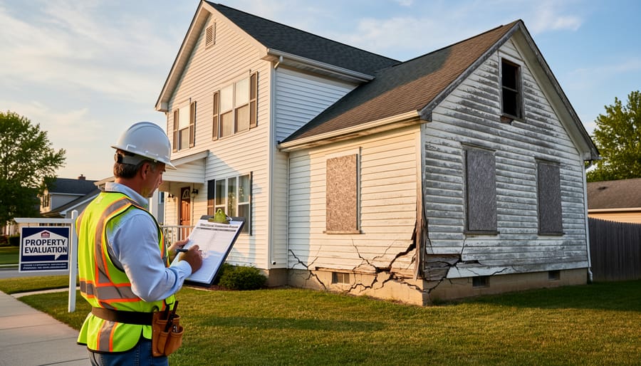 Building inspector examining exposed framing in a fire-damaged wall using a flashlight.